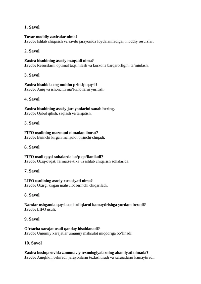 Tovar moddiy zaxiralar xisobi savol javob