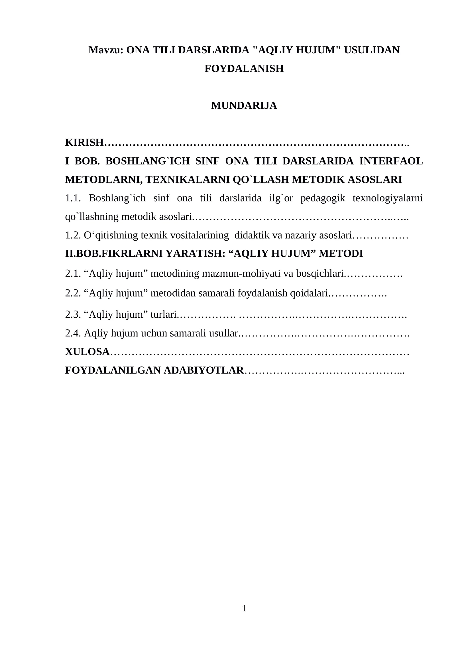 ONA TILI DARSLARIDA AQLIY HUJUM USULIDAN FOYDALANISH