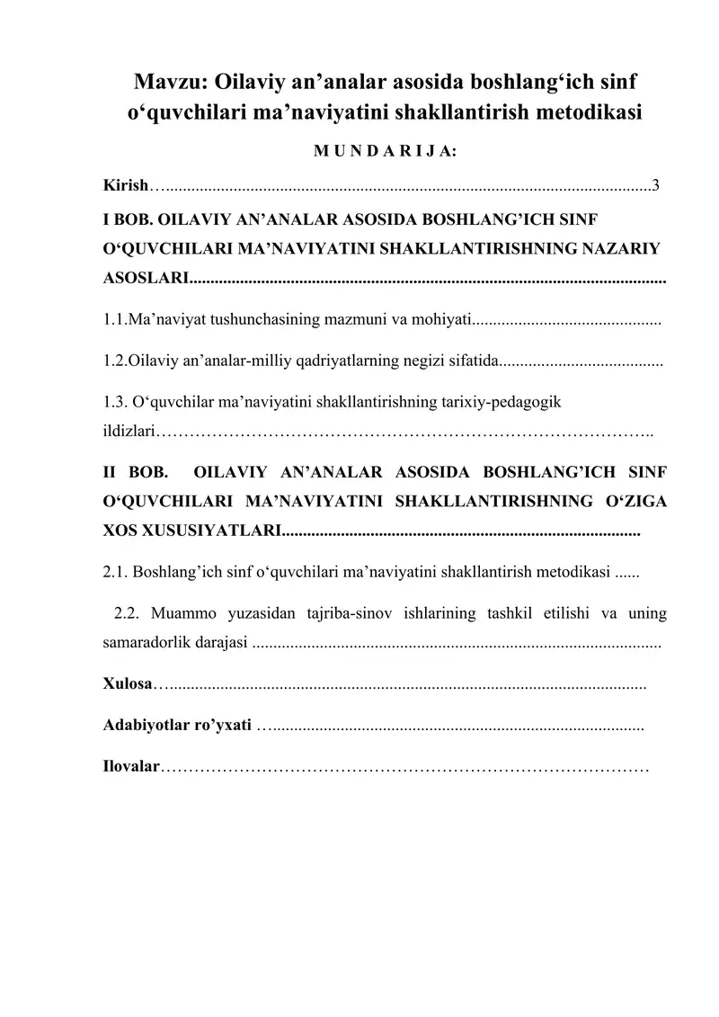 Oilaviy an’analar asosida boshlang‘ich sinf o‘quvchilari ma’naviyatini shakllantirish metodikasi