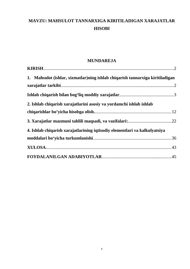 MAHSULOT TANNARXIGA KIRITILADIGAN XARAJATLAR HISOBI