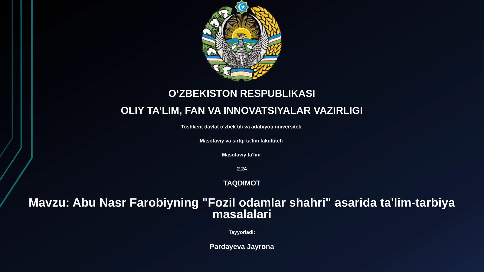 Abu Nasr Farobiyning "Fozil odamlar shahri" asarida ta'lim-tarbiya masalalari