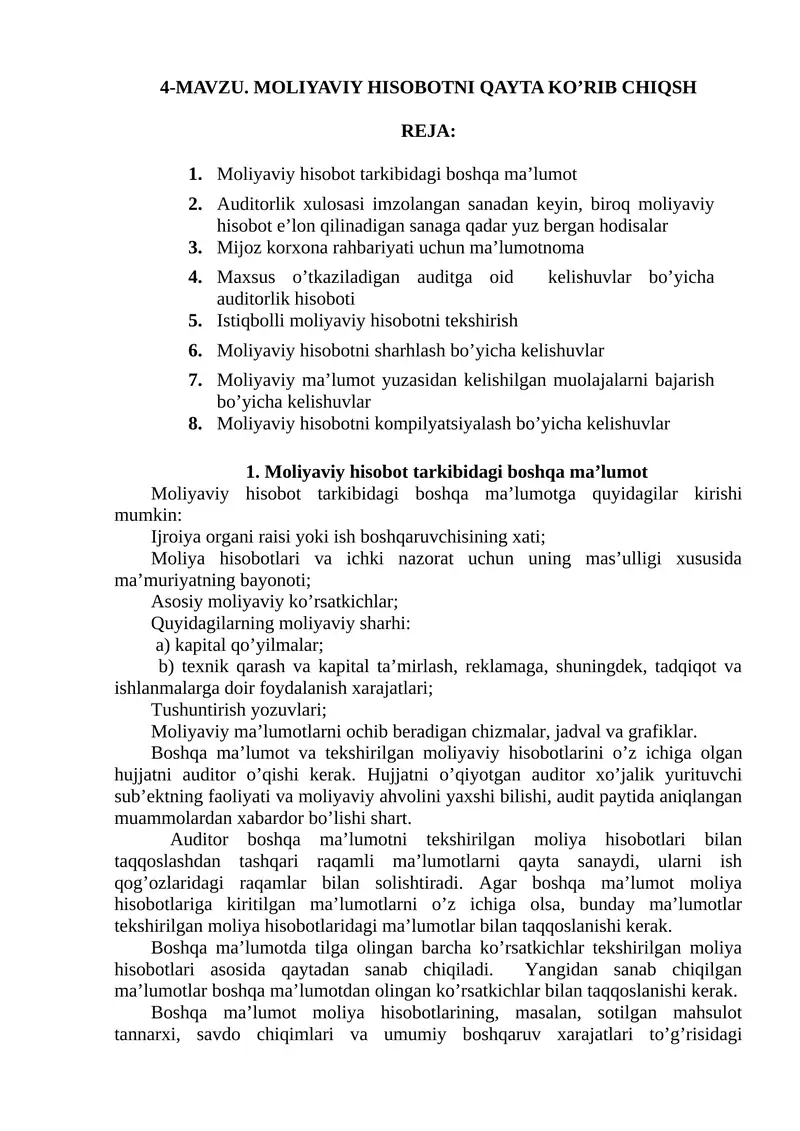 Moliyaviy hisobotni qayta ko’rib chiqsh