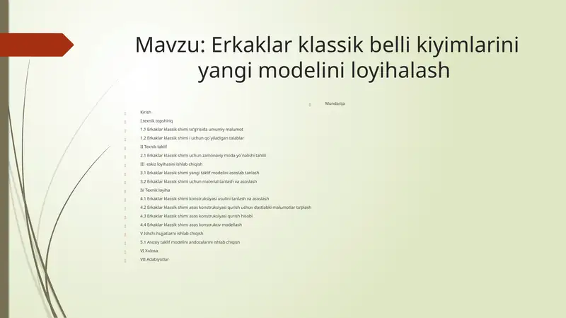 Erkaklar klassik belli kiyimlarini yangi modelini loyihalash