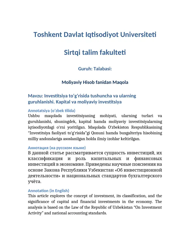 Investitsiya to‘g‘risida tushuncha va ularning guruhlanishi. Kapital va moliyaviy investitsiya