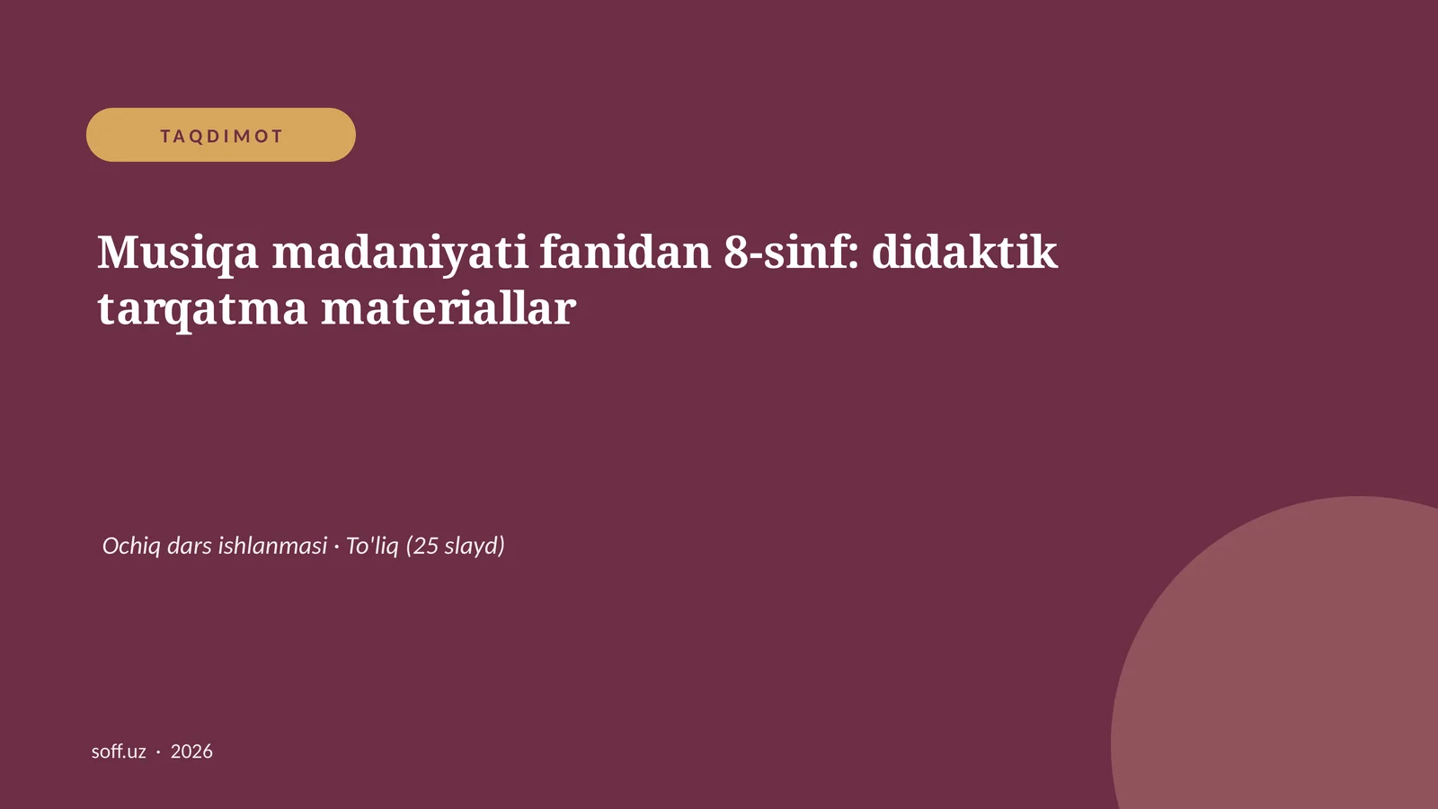 Musiqa madaniyati fanidan 8-sinf: didaktik tarqatma materiallar