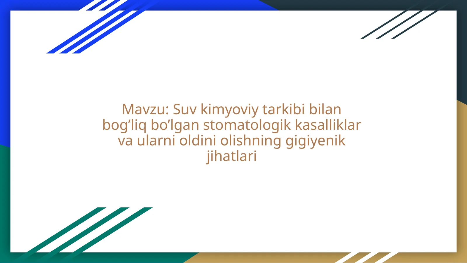 Suv kimyoviy tarkibi bilan bog’liq bo’lgan stomatologik kasalliklar va ularni oldini olishning gigiyenik jihatlari