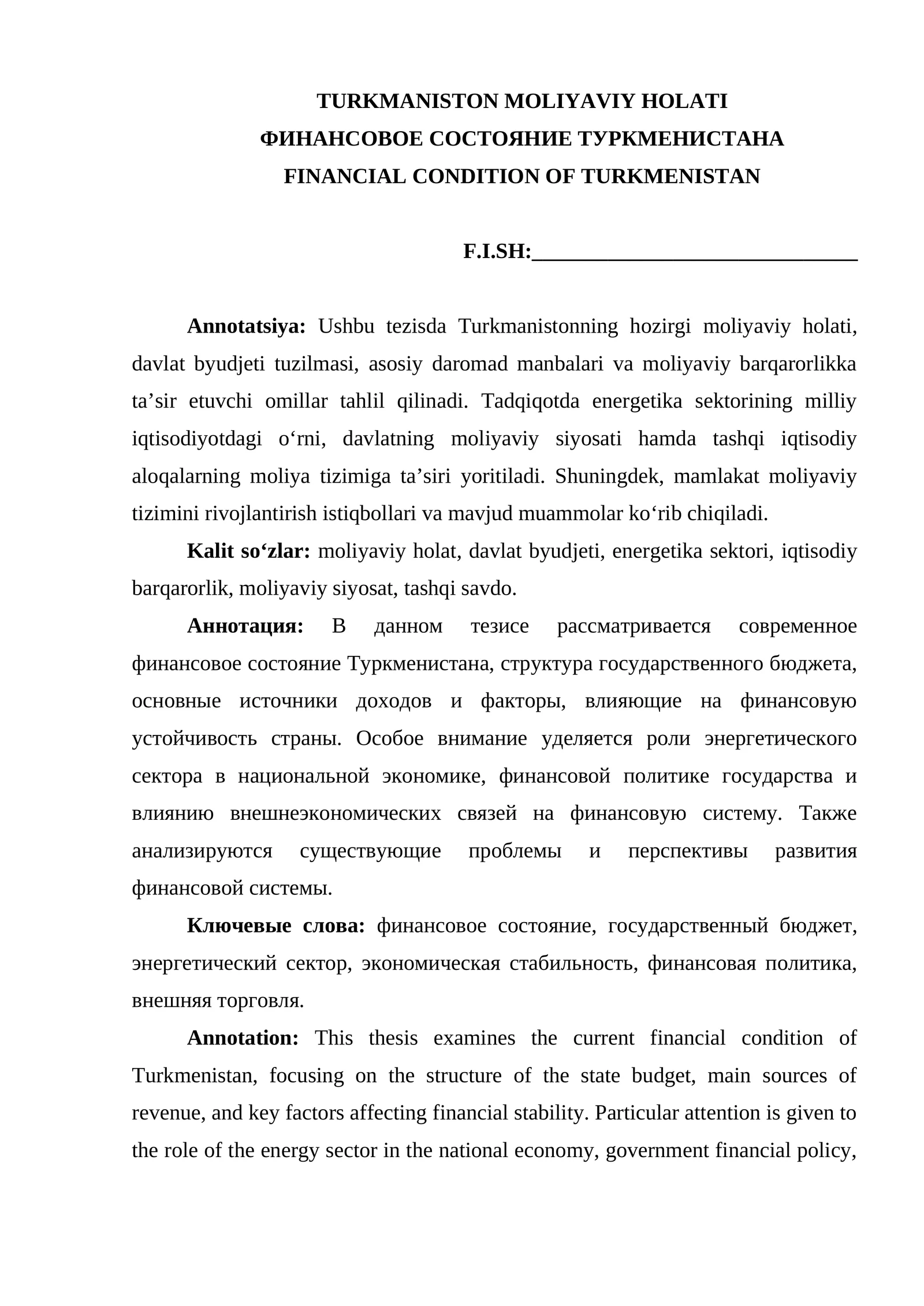 TURKMANISTON MOLIYAVIY HOLATI