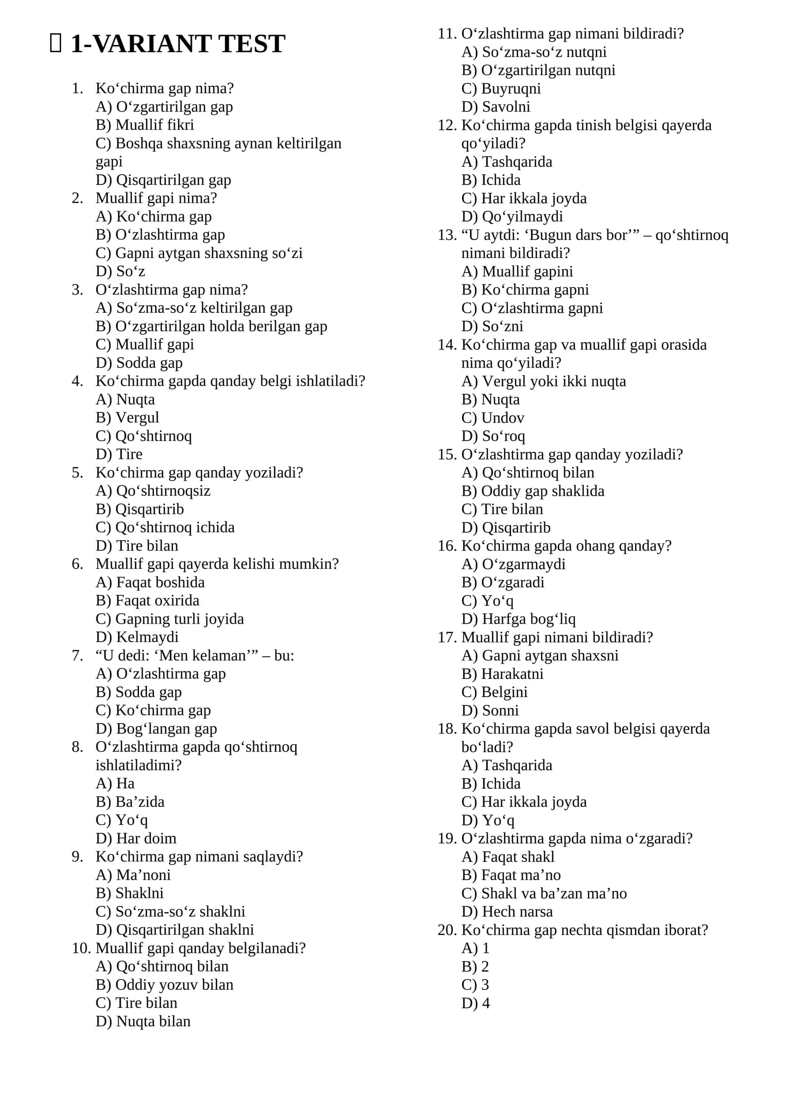9-sinf ona tili 2-variantli blok test