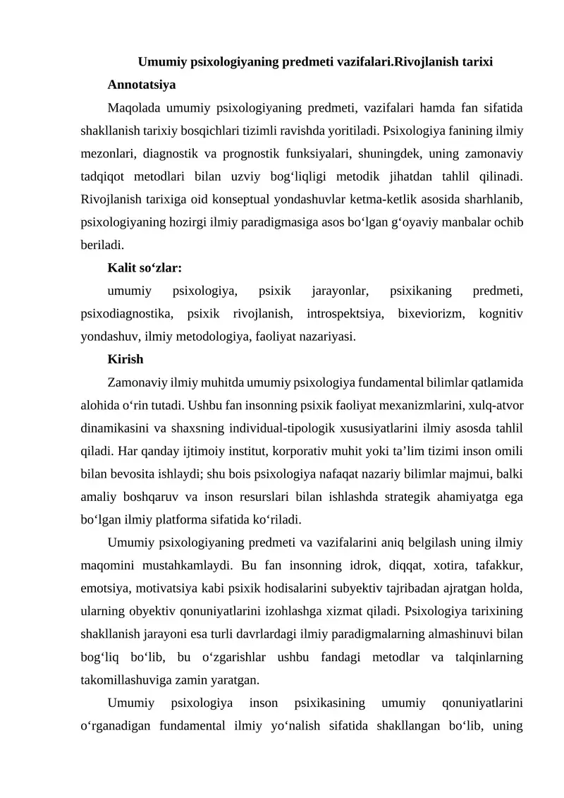 Umumiy psixologiyaning predmeti vazifalari.Rivojlanish tarixi