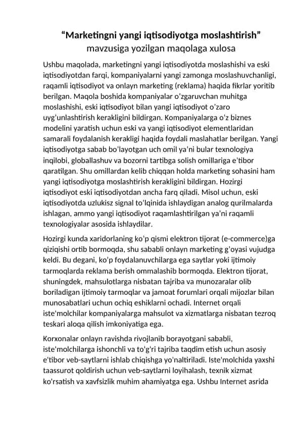 "Marketingni yangi iqtisodiyotga moslashtirish" maqolasining xulosasi