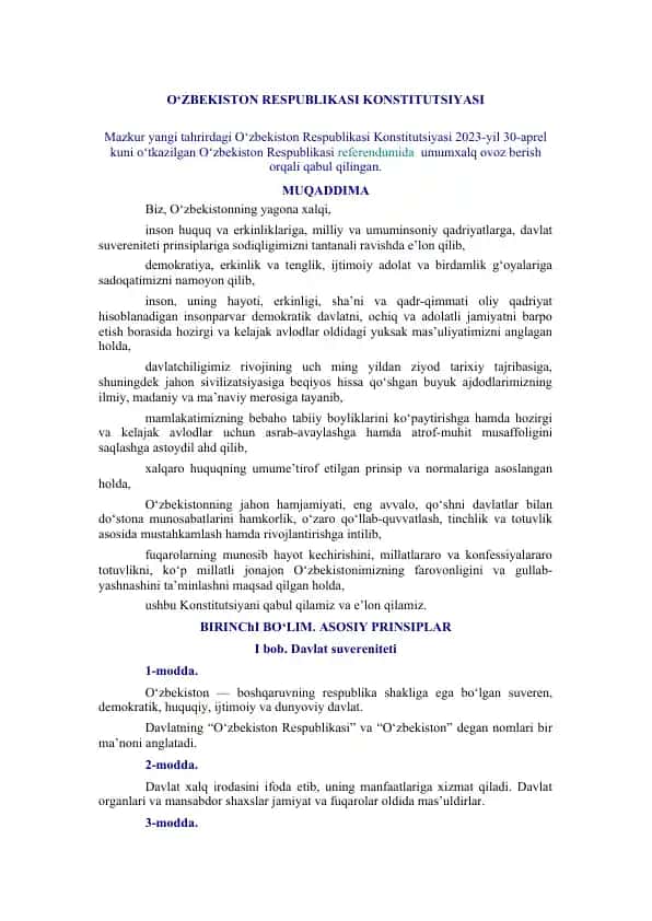 O‘ZBEKISTON RESPUBLIKASI KONSTITUTSIYASI