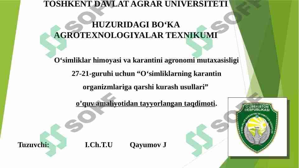 O'simliklar himoyasi va karantini mutaxassislari uchun mavzulashtirilgan taqdimot.