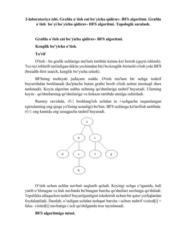 Grafda o`tish eni bo`yicha qidiruv- BFS algoritmi