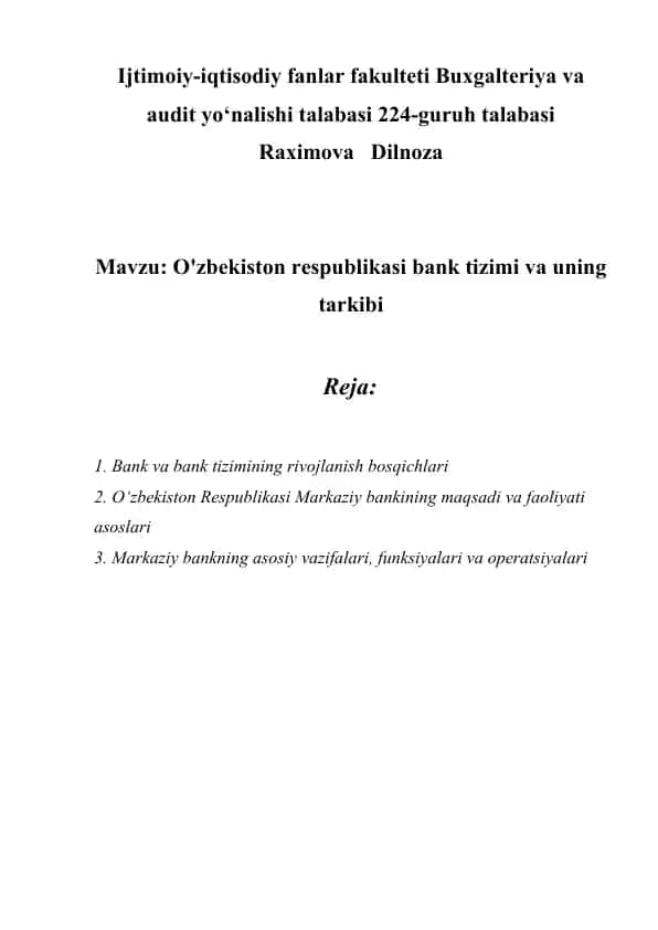 O'zbekiston respublikasi bank tizimi va uning tarkibi