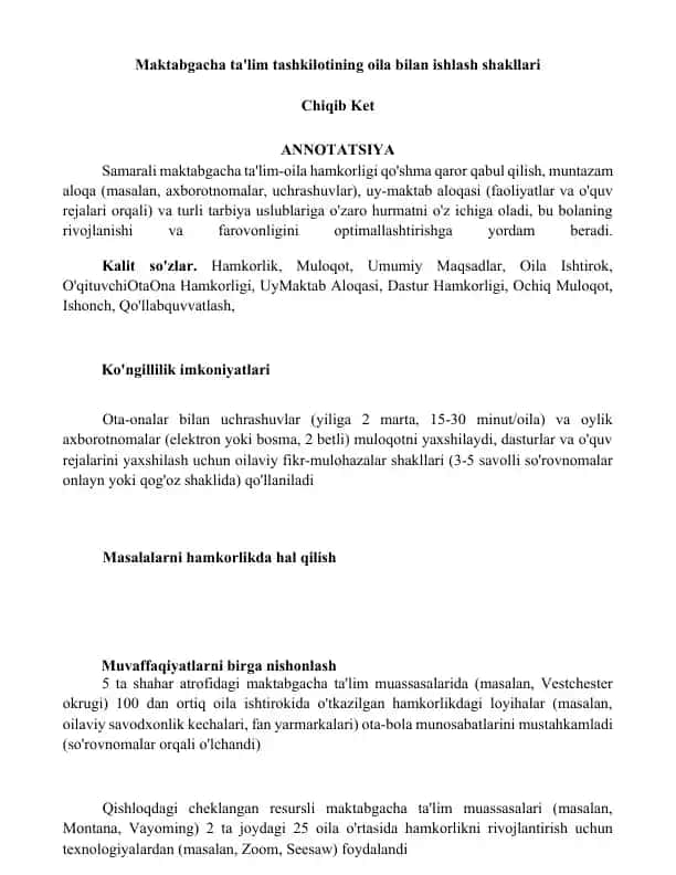 Maktabgacha ta'lim tashkilotining oila bilan ishlash shakllari
