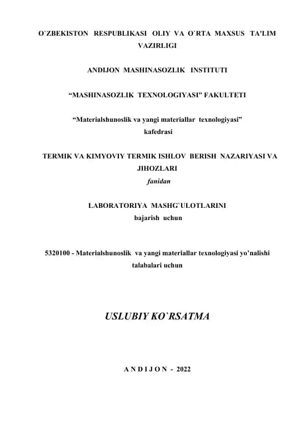 Materialshunoslik va yangi materiallar texnologiyasi yo’nalishi talabalar uchun Uslubiy Ko`rsatma