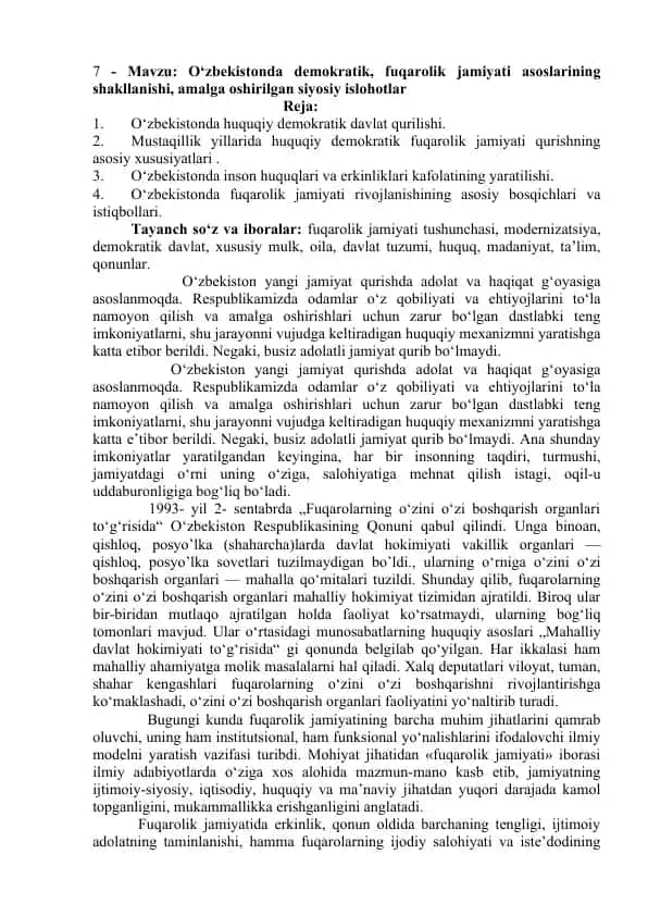 O‘zbekistonda demokratik, fuqarolik jamiyati asoslarining shakllanishi, amalga oshirilgan siyosiy islohotlar