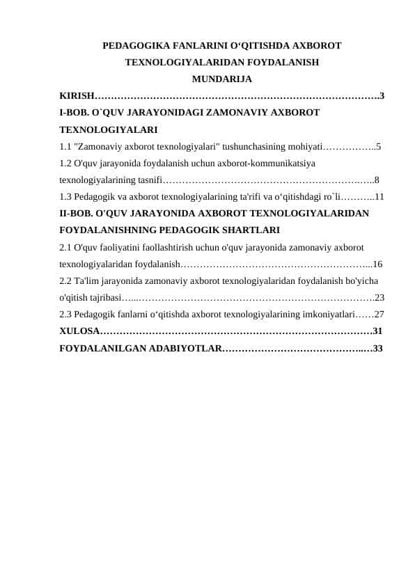 PEDAGOGIKA FANLARINI O‘QITISHDA AXBOROT TEXNOLOGIYALARIDAN FOYDALANISH