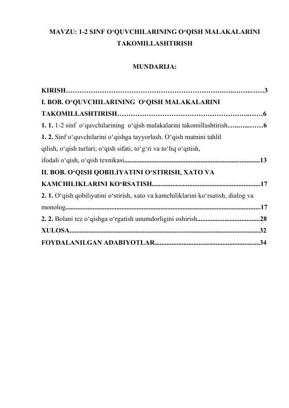 1-2 SINF O’QUVCHILARINING O’QISH MALAKALARINI TAKOMILLASHTIRISH.doc