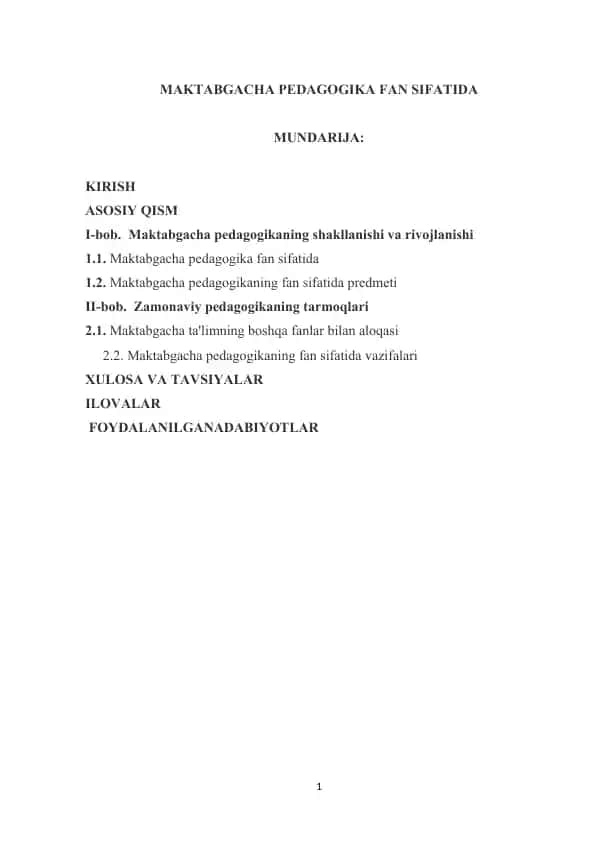 MAKTABGACHA PEDAGOGIKA FAN SIFATIDA