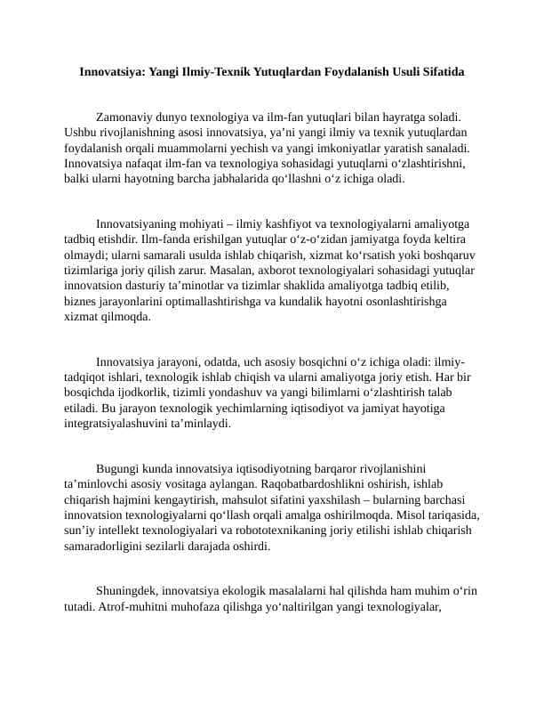 Innovatsiya. Yangi Ilmiy-Texnik Yutuqlardan Foydalanish Usuli Sifatida 1 ESSE