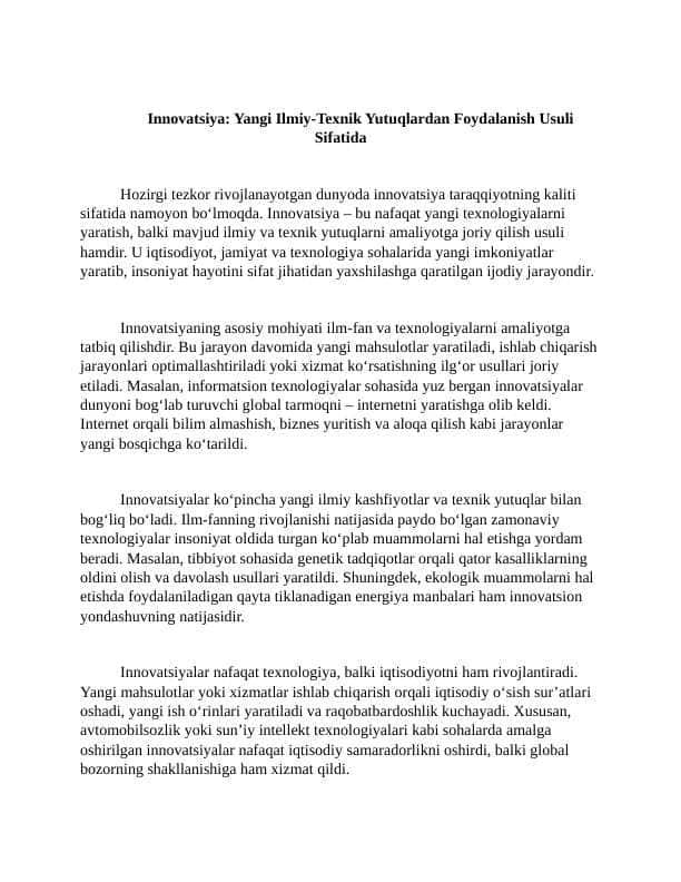 Innovatsiya. Yangi Ilmiy-Texnik Yutuqlardan Foydalanish Usuli Sifatida 4 ESSE
