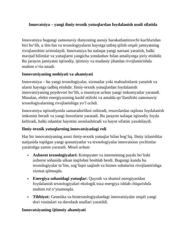 Innovatsiya. Yangi Ilmiy-Texnik Yutuqlardan Foydalanish Usuli Sifatida 5 ESSE