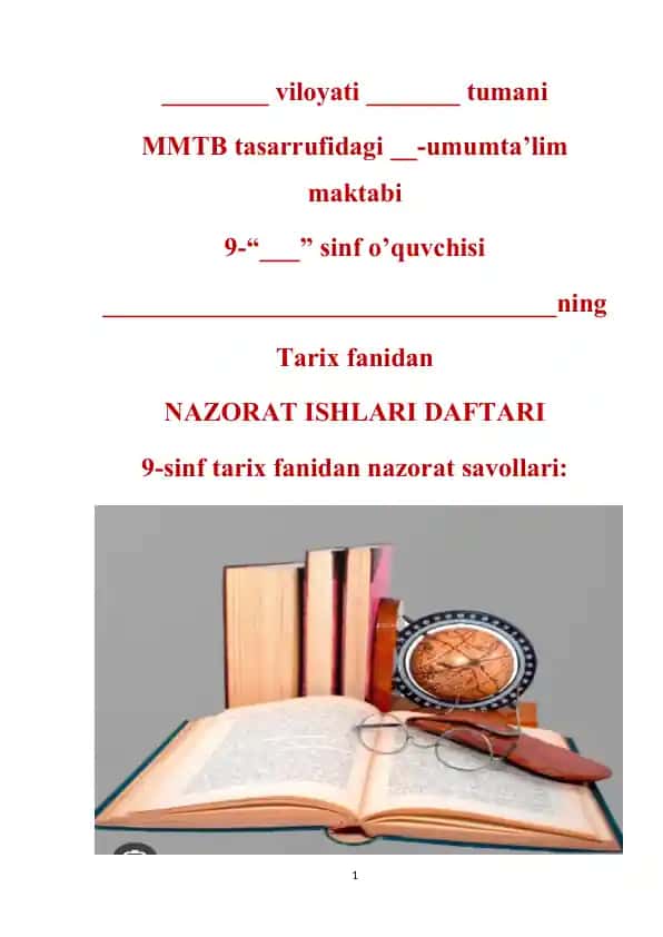 Tarix fanidan Nazorat Ishlari Daftari