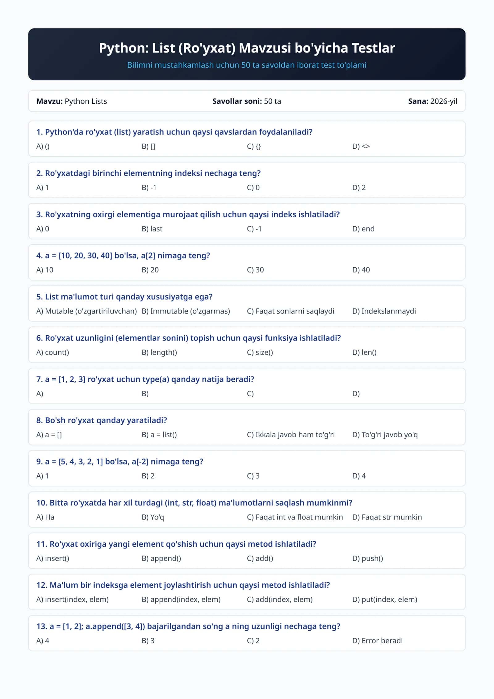 Python: List (Ro'yxat) Mavzusi bo'yicha Testlar