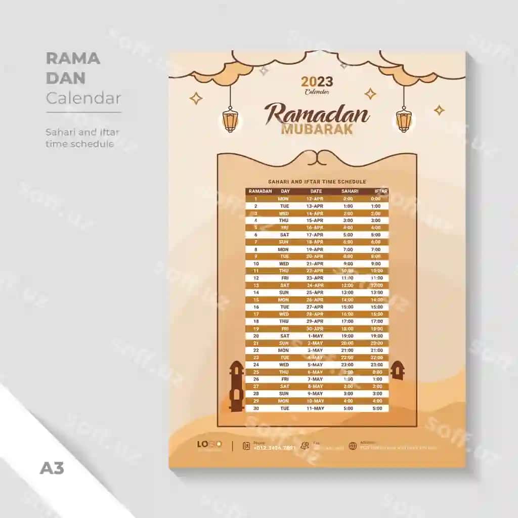 Qum rangli Ramazon taqvimi shabloni unikal dizayn iftor vaqt jadvali | Sand color ramadan calendar template unique design iftar time schedule