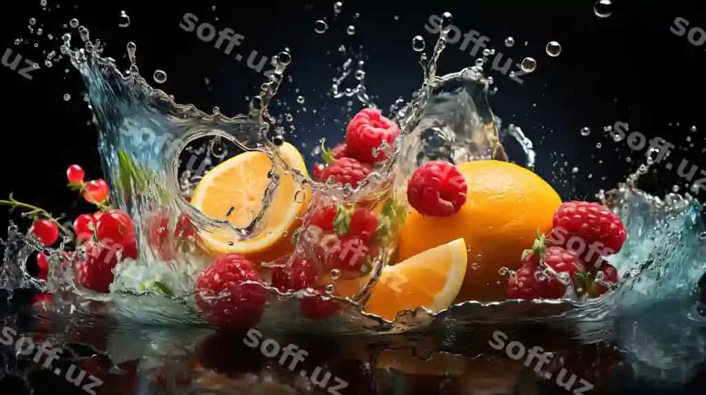 Meva suw bilan to'plangan stakanga silaplashib kiradi. | Fruit splashing into glass filled with water