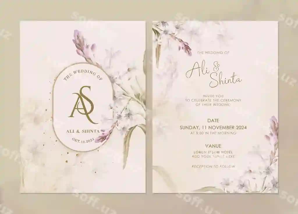Zarif tur uchun taklifnoma shabloni go'zal gullar bilan | Elegant wedding invitation template with beautiful flowers