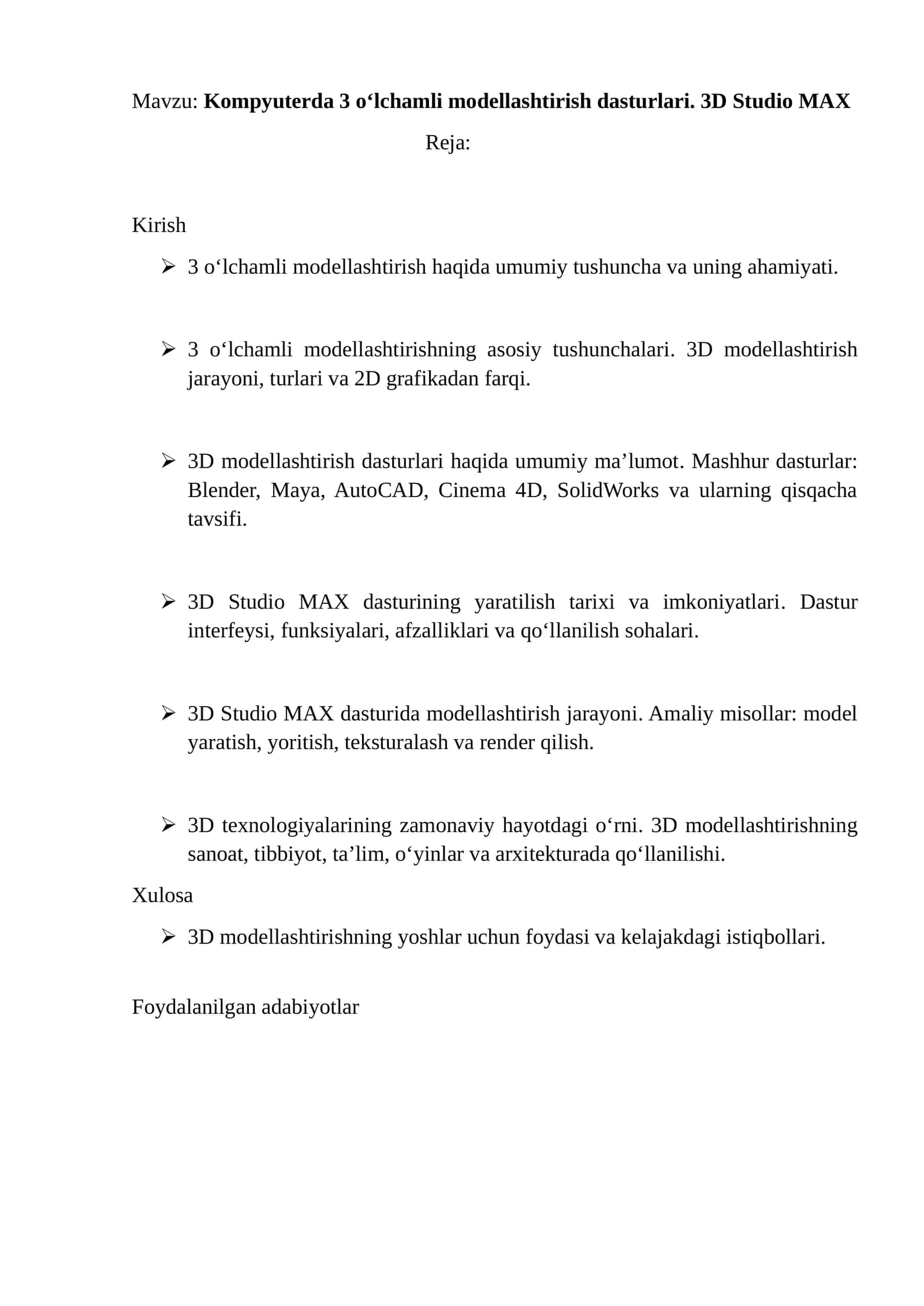 "Kompyuterda 3 o‘lchamli modellashtirish dasturlari. 3D Studio MAX" mavzusida referat