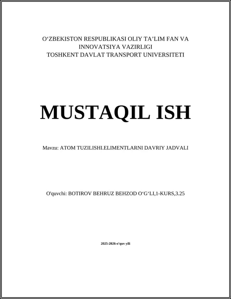 ATOM TUZILISHI.ELIMENTLARNI DAVRIY JADVALI