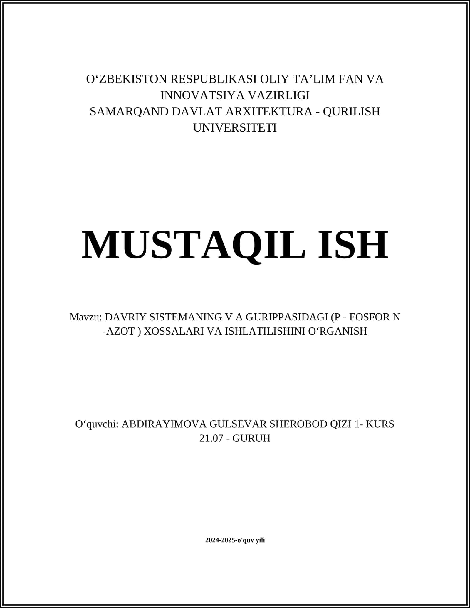 DAVRIY SISTEMANING V A GURIPPASIDAGI (P - FOSFOR N -AZOT ) XOSSALARI VA ISHLATILISHINI OʻRGANISH