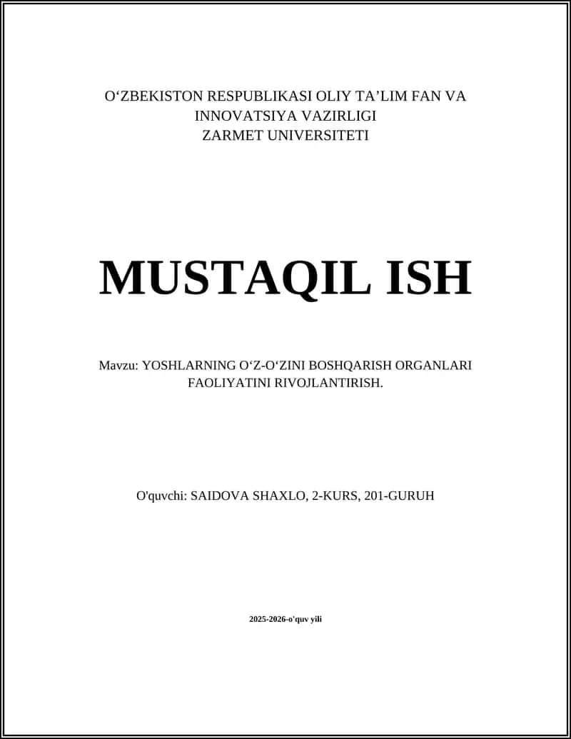 YOSHLARNING O‘Z-O‘ZINI BOSHQARISH ORGANLARI FAOLIYATINI RIVOJLANTIRISH