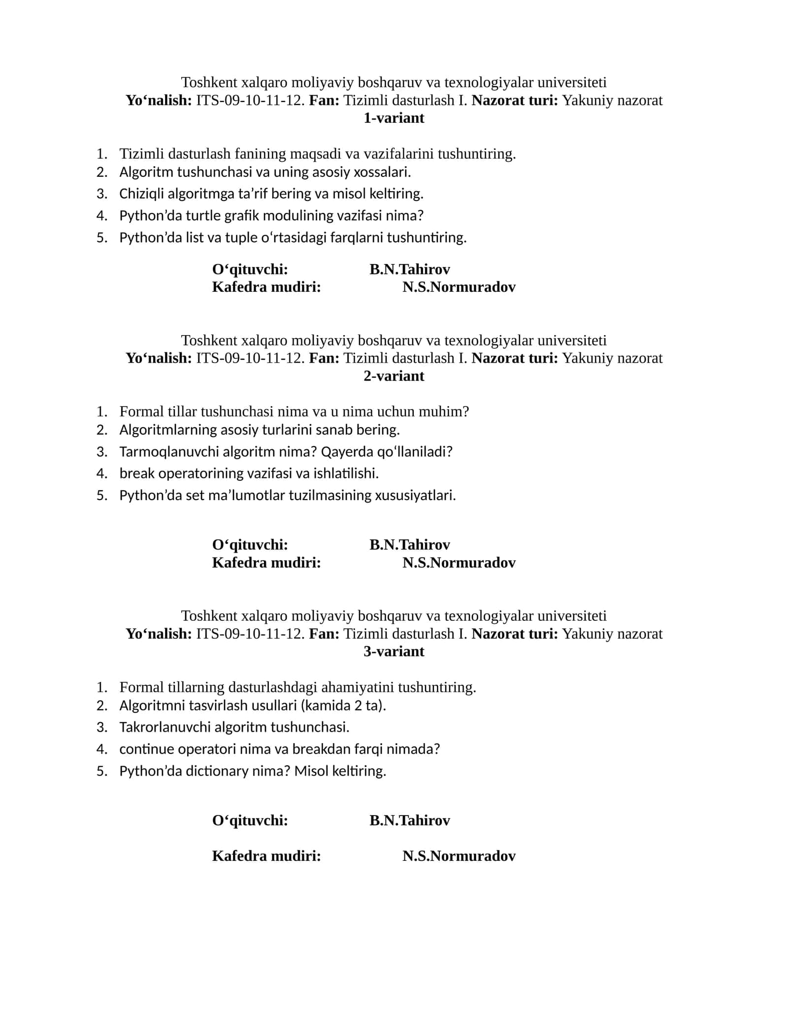 Tizimli dasturlash I (Variant 1)