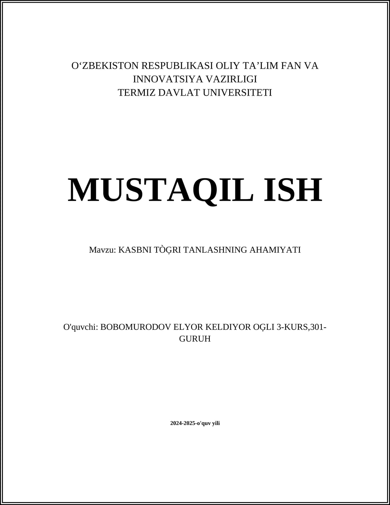 KASBNI TÒĢRI TANLASHNING AHAMIYATI