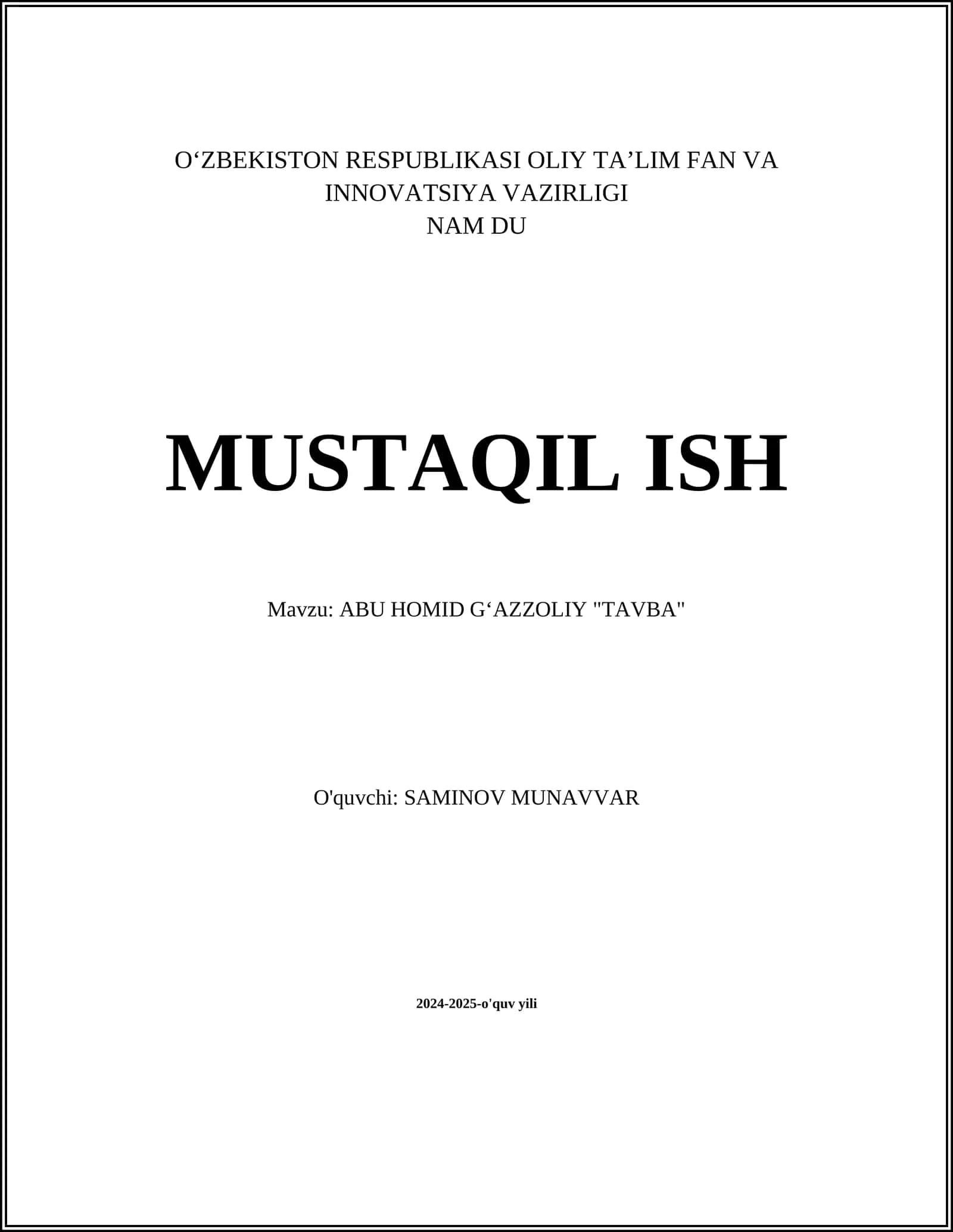 ABU HOMID GʻAZZOLIY "TAVBA"