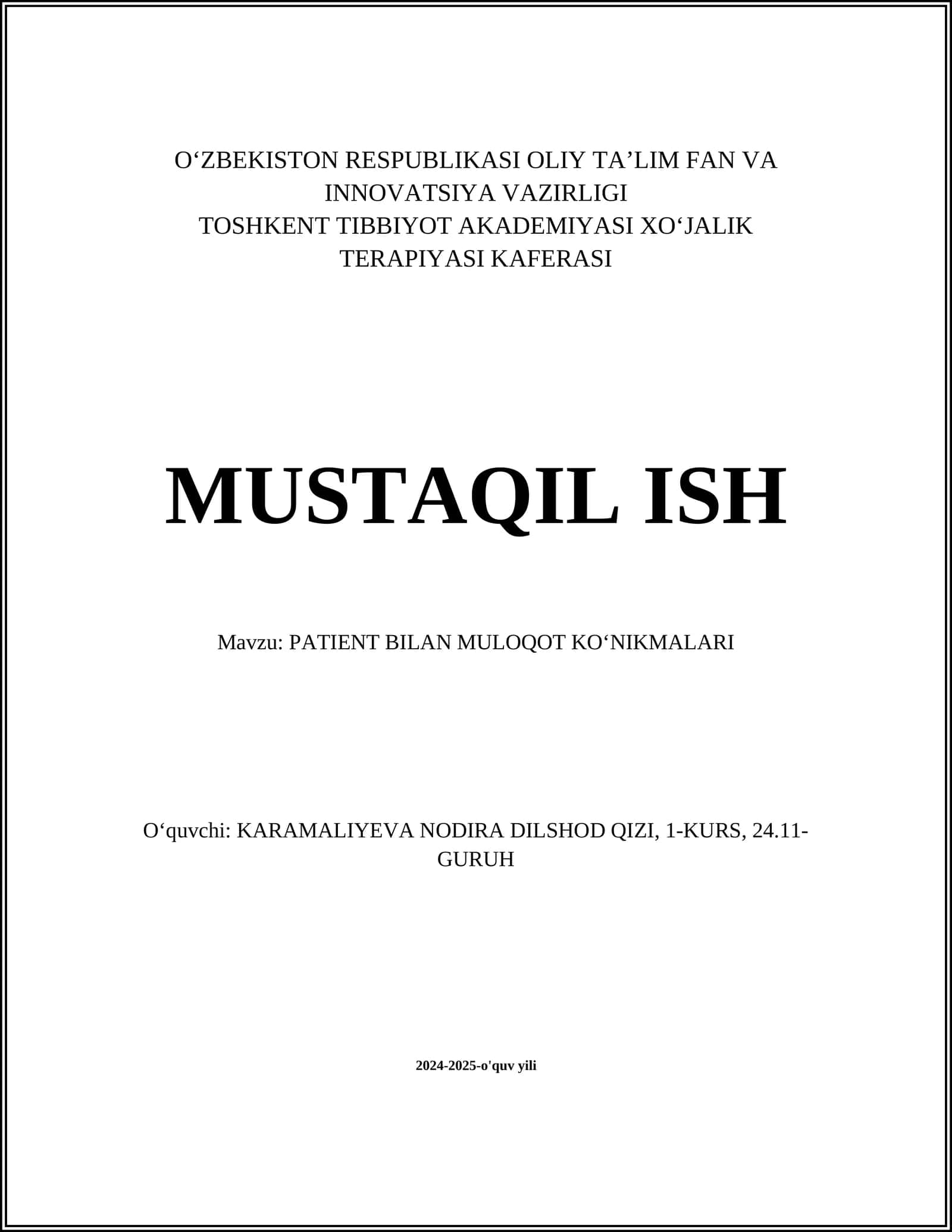 PATIENT BILAN MULOQOT KOʻNIKMALARI