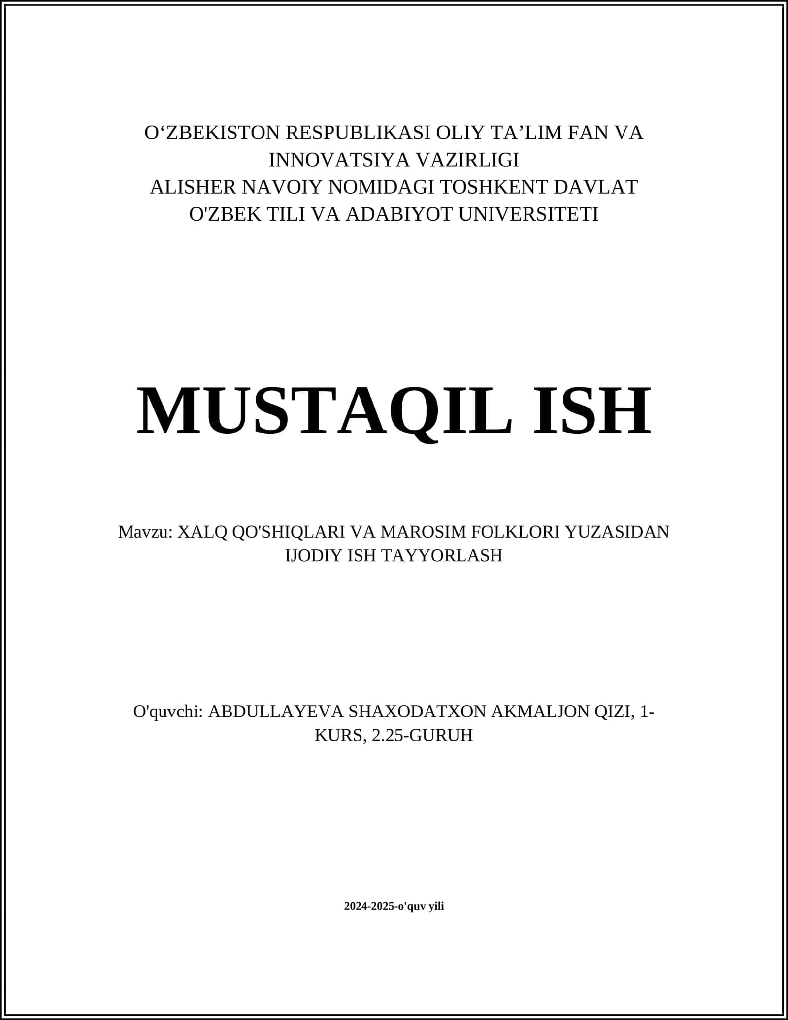 XALQ QO'SHIQLARI VA MAROSIM FOLKLORI